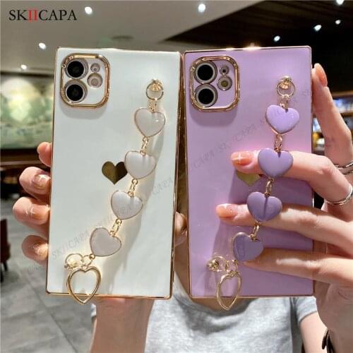 Love Heart Wrist Strap Chain Phone Case For iPhone 11 12 Pro XR XS Max 8 7 Plus Shockproof Soft Gold 6D Plated Square Back Cover