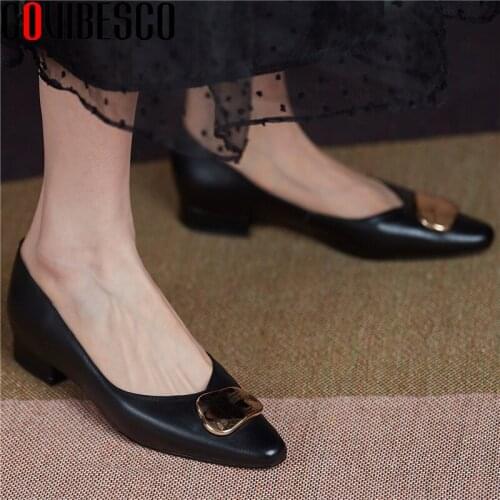 COVIBESCO Dress Office Casual Women Pumps Genuine Leather Spring Summer Low Heels Metal Decoration Mature Concise Shoes Woman