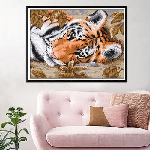 Stamped Tiger Embroidery Counted Cross Stitch Kit for Children Kids
