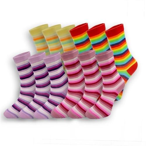 Cotton Female Socket Socks-12 Pcs-Striped Pattern-Assorted Color-Dündar