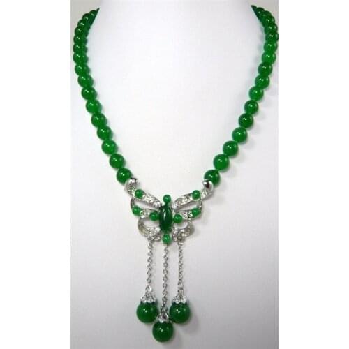 Nice womans accessories! Green Jades Beads Necklace +Butterfly Pendants