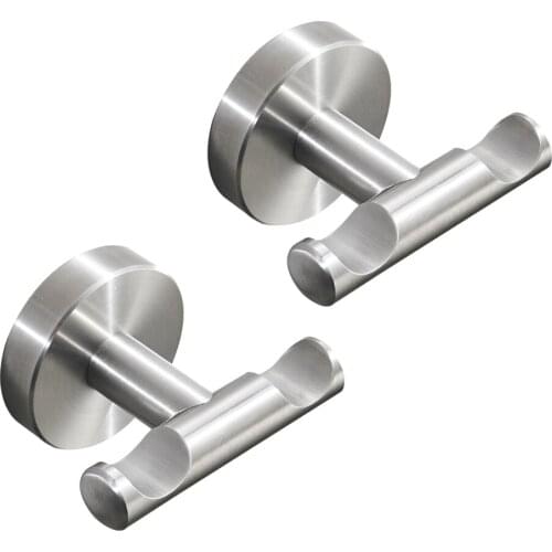 Leyden Brushed Finish Double Towel Hooks Round Base SUS304 Stainless Steel,Heavy Duty Silver Dual Coat Robe Hanger Wall Mounted