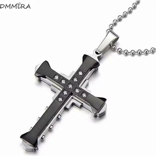 Hot Sale Fashion Men Male Crystal Cross Color Gold Black Blue Alloy Dark Knight Zirconia Jesus Cross Pendant Necklace Jewelry