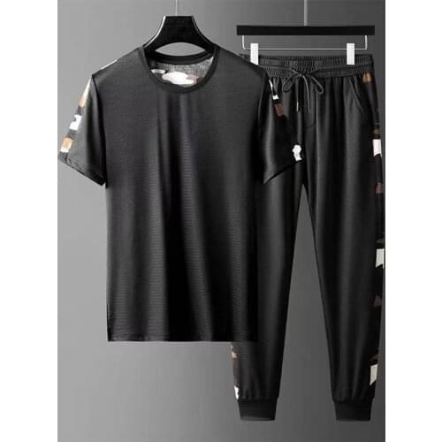 2021 summer new short-sleeved casual sports suit mens camouflage net yarn breathable cool T-shirt trousers two-piece suit