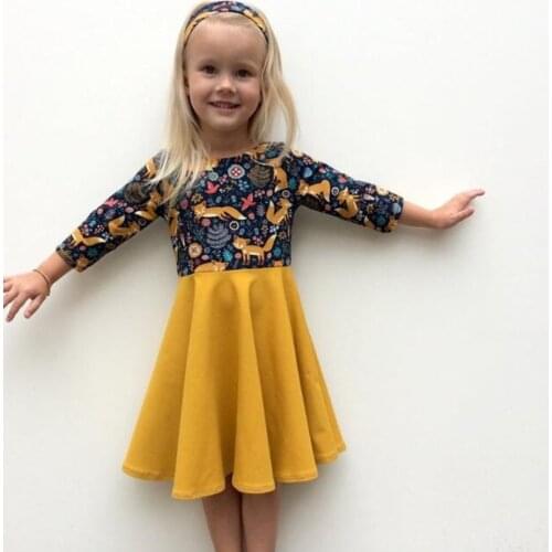 New Dress Girl Kids Children Clothing Cotton Color Block Deer Printed Christmas O-Neck Princess Long Sleeve Dress Girls Dresses