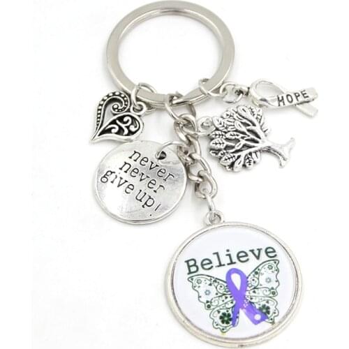 New Arrival Cabochon Believe Purple Ribbon Awareness Keychain Jewelry Never give up hope Charms Key chain Keyrings Gift