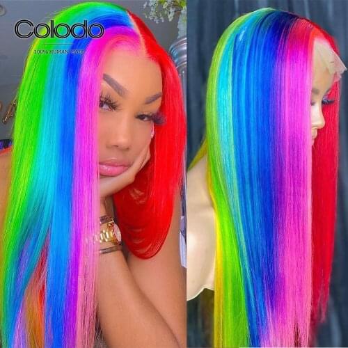 Rainbow Color Red Yellow Green Highlight Wig Brazilian Remy 13x4 Straight Lace Front Wig Ombre Human Hair Wigs For Women COLODO