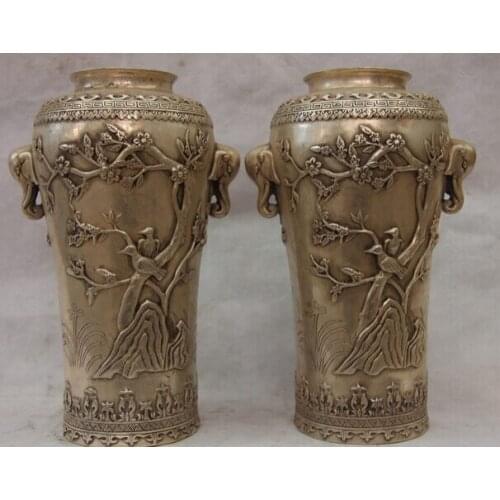 Song voge gem S1251 Chinese White Copper Silver Plum flower Magpie Bird Elephant Ear Pot Bottle Vase