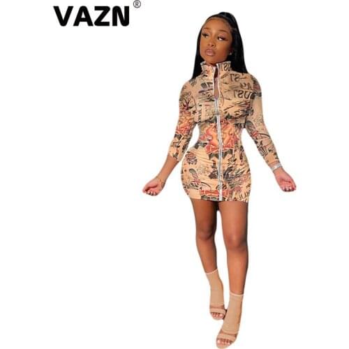 VAZN New 2020 Zippers O-neck Elegant Club Birthday Shinny Bandage Dress Full Sleeve Sheath Dresses Elegant Mini Dress