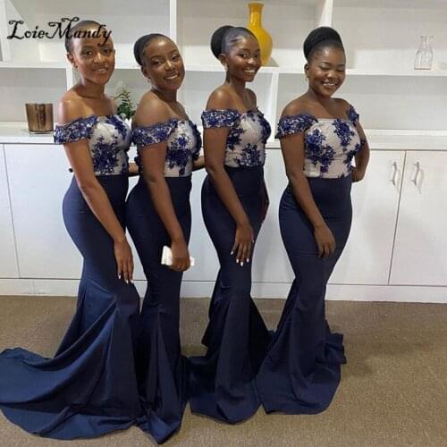 African Mermaid Bridesmaid Dresses Long 2022 Sexy Off Shoulder Wedding Guest Woman Dress Navy Blue Vestido de fiesta de boda
