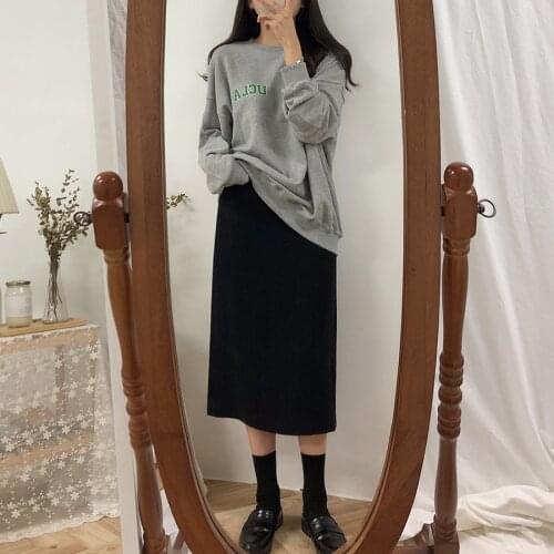 Richkeda Store New Solid Black Brown Mid Calf Women Skirt Vintage Spring Summer Straight Skirt Long High Waist Girls Skirts