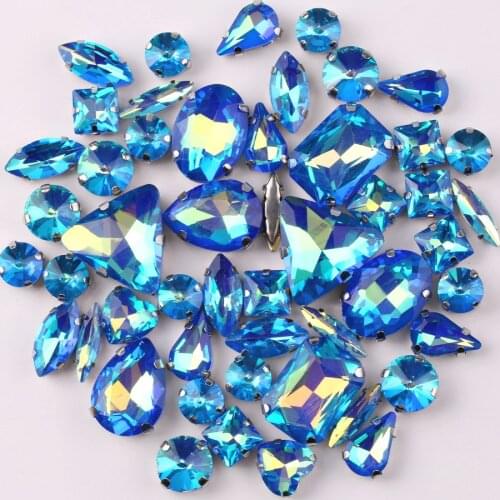 Silver claw setting jelly candy sapphire AB 50pcs/bag shapes mix glass crystal sew on rhinestone wedding dress shoes bag diy