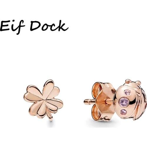 Hot Sale Asymmetry Rose Gold Color Clover and Ladybird Stud Earrings for Women Party Earring Lucky Jewelry brincos