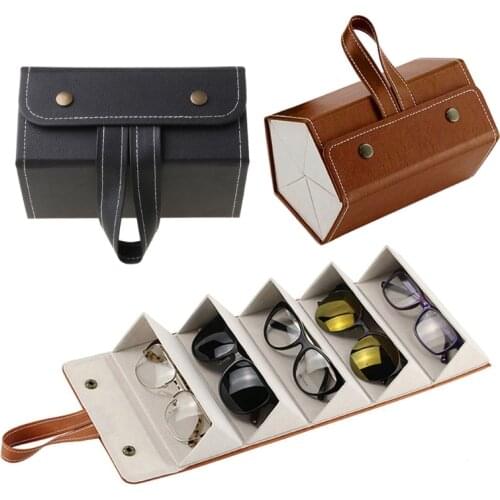 5 Slots Foldable PU Leather Sunglasses Eyeglasses Travel Organizer Case Multiple Hanging Eyewear Holder Display