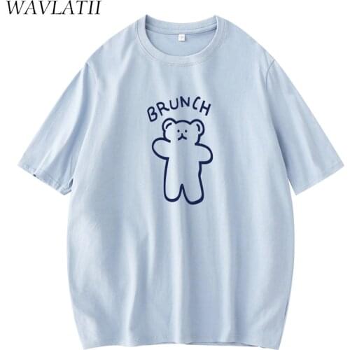 WAVLATII 2021 New Women Blue Bear Printed T-shirt Female Cotton White Black Tees Lady Short Sleeve Tshirts Tops WT2129