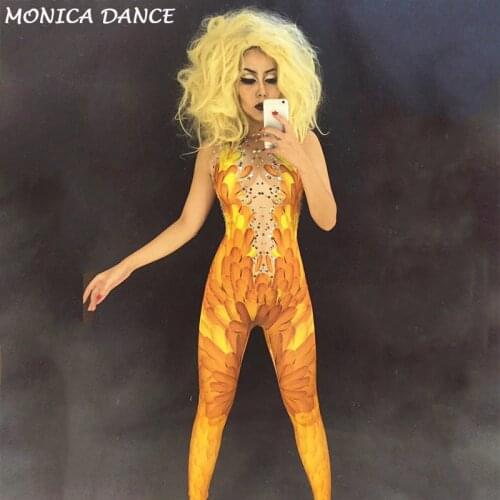 Yellow Feather Sparkly Rhinestone 3D Printed Sexy Stage Jumpsuit for Birthday Celebrate Nightclub Singer Performance Stage Wear