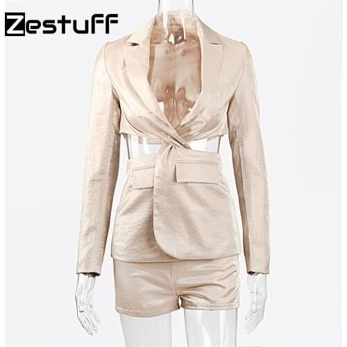 Zestuff Women Hollow Out Slim Short Suits Pocket Blazer Top and Short Sets Fashion Streetwear Outfits Autumn 2 Piece Pants Sets