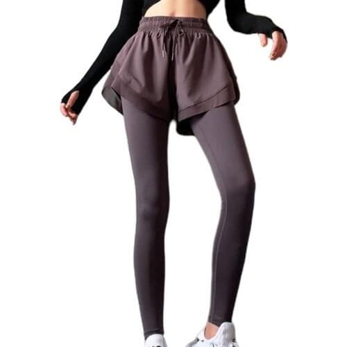 Women High Waist 2 In 1 Tight Sports Leggings with Shorts Drawstring Yoga Pants