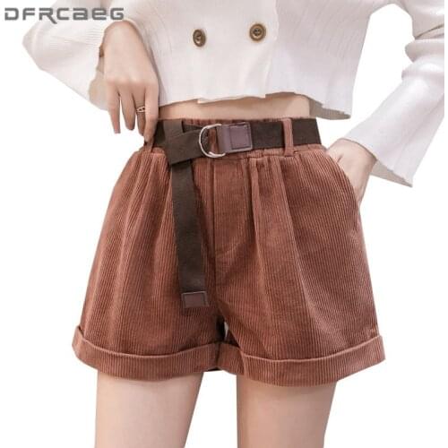 Autumn Winter Women Corduroy Shorts With Belt 2021 High Waist Loose Casual Warm Ladies Plus Size Short For Boot Pink 4XL