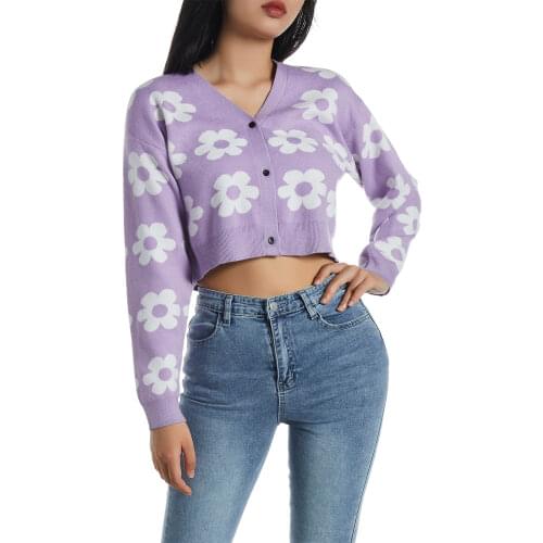 Womens Casual Long Sleeve Cardigan Fashion Flower Pattern Single-breasted Knitted Coat