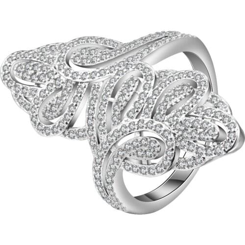 Personality Full White Crystal Hollow Flower Ring Female Silver Color Big Pave Design Women Jewelry Wedding Engagement Ring Gift