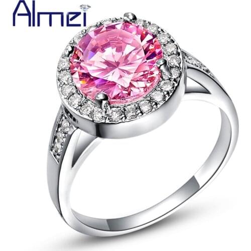 Almei Zircon Rings Female Silver Color Ring Round Pink Rhinestone Jewelry for Women Engagement Anillos Alibaba-express J428