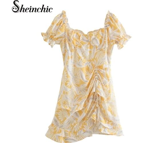 Runway Designers Elegant Ruffles Woman Dress 2021 Summer Sexy Short Sleeve Floral Printed Mini Dress Femme