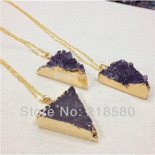 H-QN66 Amethys Cluster Druzy Triangle Pendant Necklace Gold Color Druzy Agat Geometric Chain Necklace for Women