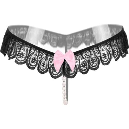 Womens Sexy Underwear, Lace Open C Underwear, Sexy Womens Thong and Hot T Pants, See-through Hollow Pearl Massage Underwear