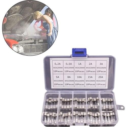 100Pcs/Box Fast Blow Glass Fuse Assorted Mixed Kit 10 Values Amp 250V 0.2-20A Quick Blow Tube Fuses Replacement