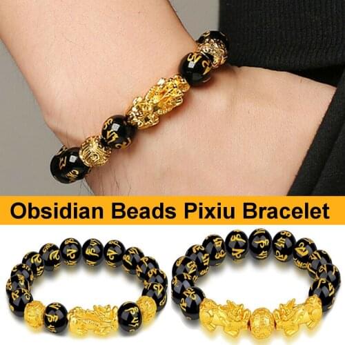 2PCS Feng shui Black Wealth Bracelet Obsidian Stone Beads Adjustable Bracelet Homme Luck Pixiu Wristband Bracelet for Women Man