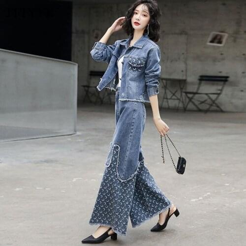 Spring Casual Jeans Suit Women Denim Two Pieces Set Long Sleeve Jeans Top&Long Pants Tracksuit Outfits Plus Size Denim Jacket