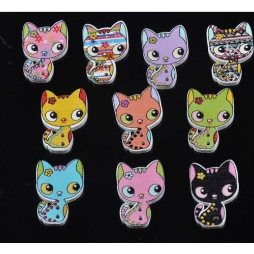 50pcs Wholesale Natural Wooden Buttons Colorful Mixed cat Scrapbook Sewing Accessories DIY Craft 26x17mm mt1579
