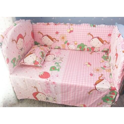 6PCS Strawberry girl baby crib bedding set curtain cotton crib bumper crib set bed бортики в кроватку(bumper+sheet+pillow cover)