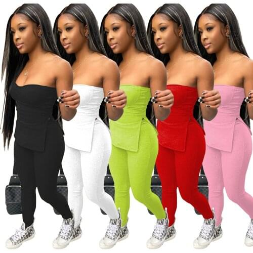 Adogirl Solid Color Ribbed 2 Piece Set Women Slash Neck Strapless Top + Pencil Pants Streetwear Summer Clothes For Women Outfits