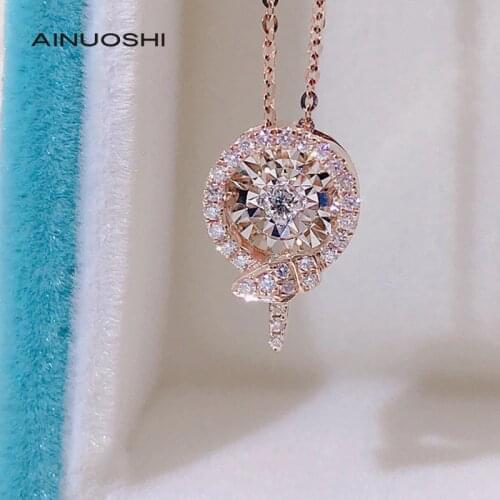 AINUOSHI 18K Gold Round Cut 0.125ct Real Diamond Dancing Snake Pendant Necklace Handmade Womens Fine Jewelry Gift 18