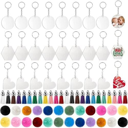 Acrylic Round Shape Keychain Blank Transparent Ornament Pendants and Keychain Tassels Jump Ring Set for DIY Craft