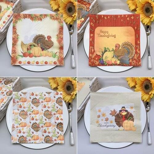 New 20Pcs/Pack Thanksgiving Day Decoupage Paper Napkins Turkey Pumpkin Paper Tissues for Party Decorations Table Decor Supplies