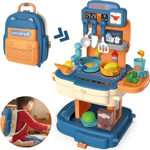 Kids Kitchen Toys Pretend Kitchen Play 34pc 2 in 1 Backpack Mini Kitchen Food Pretend Play Toy Role Playing Toys for Boys Girls