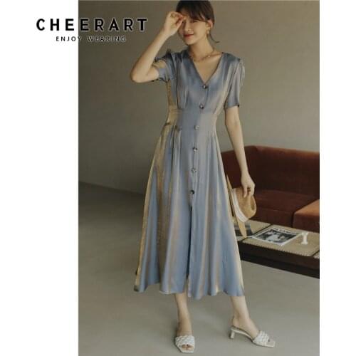 CHEERART Reflective Puff Sleeve Long Midi Dress Women V Neck Tunic Asymmetrical Button Short Sleeve Flowy Ladies Summer Dress
