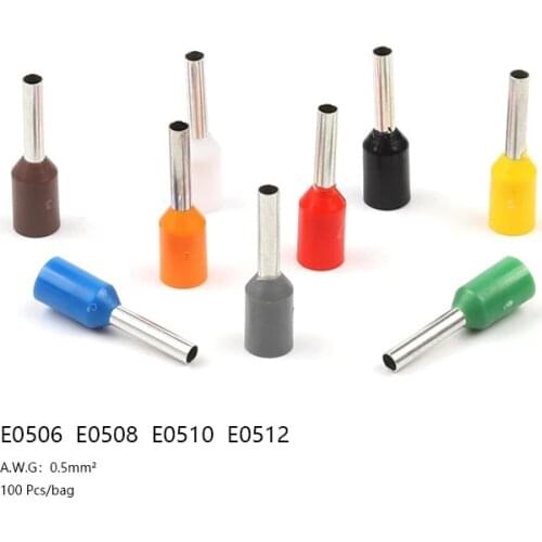100pcs/pack E0506 E0508 E0510 E0512 Insulated Ferrules Terminal Block Cord End Wire Connector Electrical Crimp Terminator
