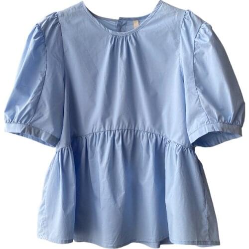 Fashion womens tops 2021 summer new round neck shirt retro puff sleeve self-cultivation all-match shirt