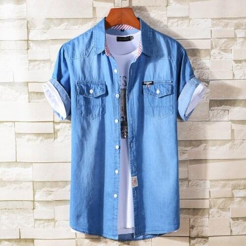2021 Summer New MenS Fashion Denim Shirt Korean Style Business Casual Cowboy Short Sleeve Shirt Male High-End Brand Slim Tops