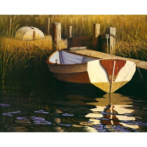 Cotton no frame Mediterranean lake wood boat canvas printings oil painting printed on cotton home wall art decoration pictures