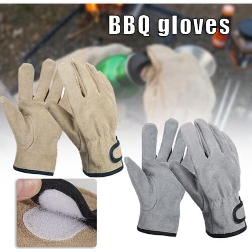BBQ Gloves Heat Resistant Grill Gloves Cow Leather Design Non-Slip Gloves for Camping One Size SAL99
