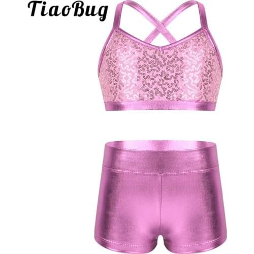 TiaoBug Kids Teens Shiny Sequins Tankini Girls Spaghetti Straps Ballet Gymnastics Shorts with Crop Top Stage Sports Dancing Set