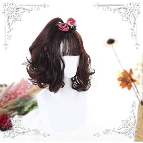 High Quality Lolita Deep Maroon Air Bangs Female Loveliness Short Curly Hair Wig Cosplay Party