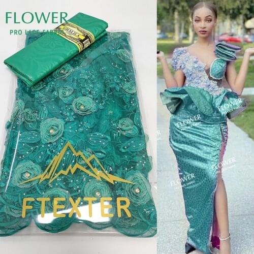 Green 3D Flower Pattern Net Tulle Lace With Bazin Riche Fabric Senegal Germany Women Party Wedding Basin Riche Materials