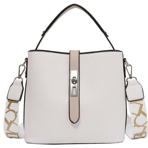 Female Solid Color PU Leather Wide Strap Bucket Shoulder Bag Elegant Trendy Handbags for Women Quality Luxury Messenger Bag Sac