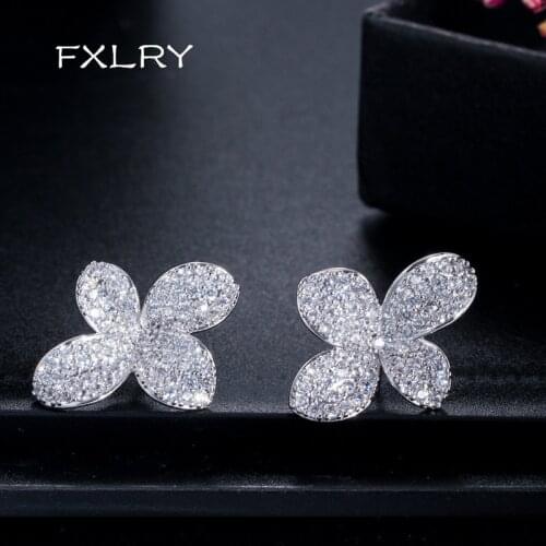 FXLRY Hot Selling Fashion AAA Cubic Zirconia Micro Pave Setting Rose Gold Color Women Party Big Flower Stud Earrings Party Jewel
